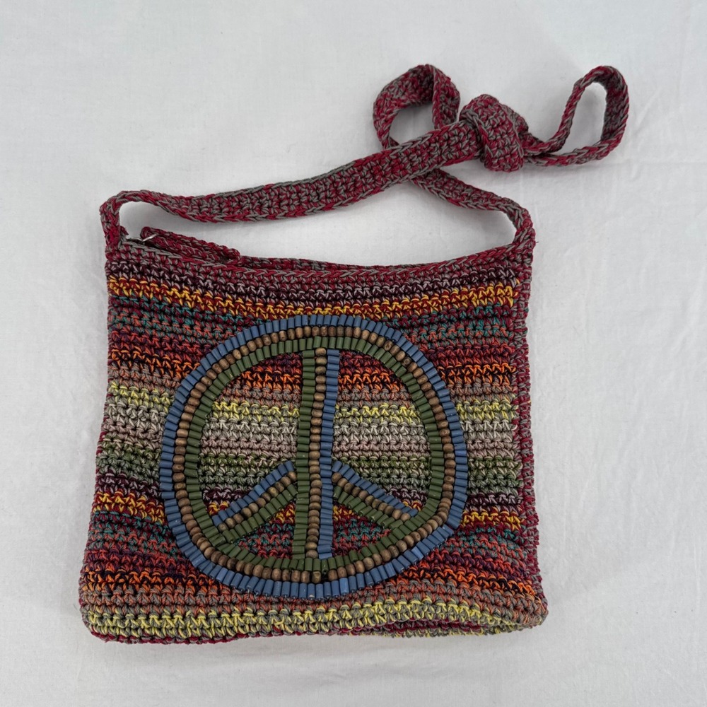 Vtg The Sak Multi Color Crochet Crossbody Bag Beaded Peace Sign Festival Hippie